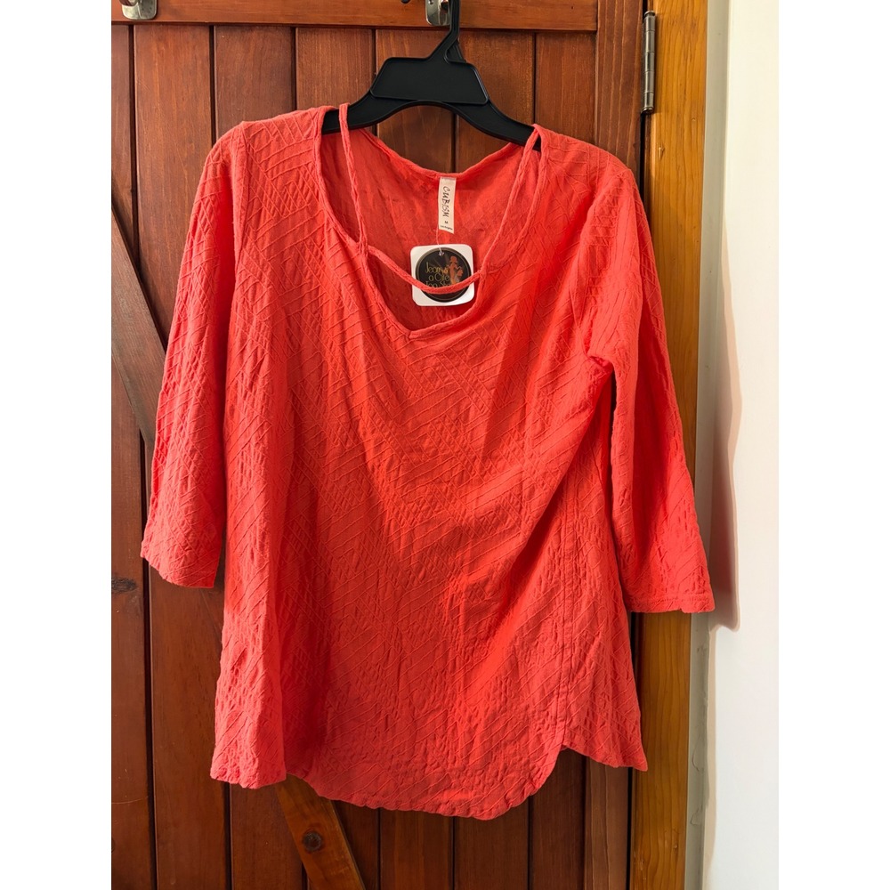 Cubism Los Angeles‎ Coral Orange Textured Knit 3/4 Sleeve Cutout Neck Top Medium